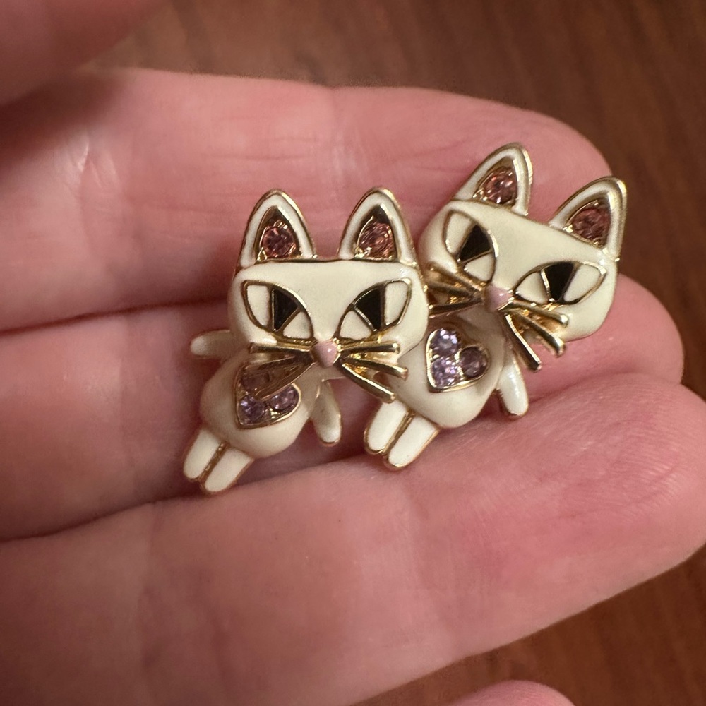 Betsey Johnson Gold-Tone White Enamel Pink Rhinestones Mixed Metal Cat Earrings - Picture 5 of 6
